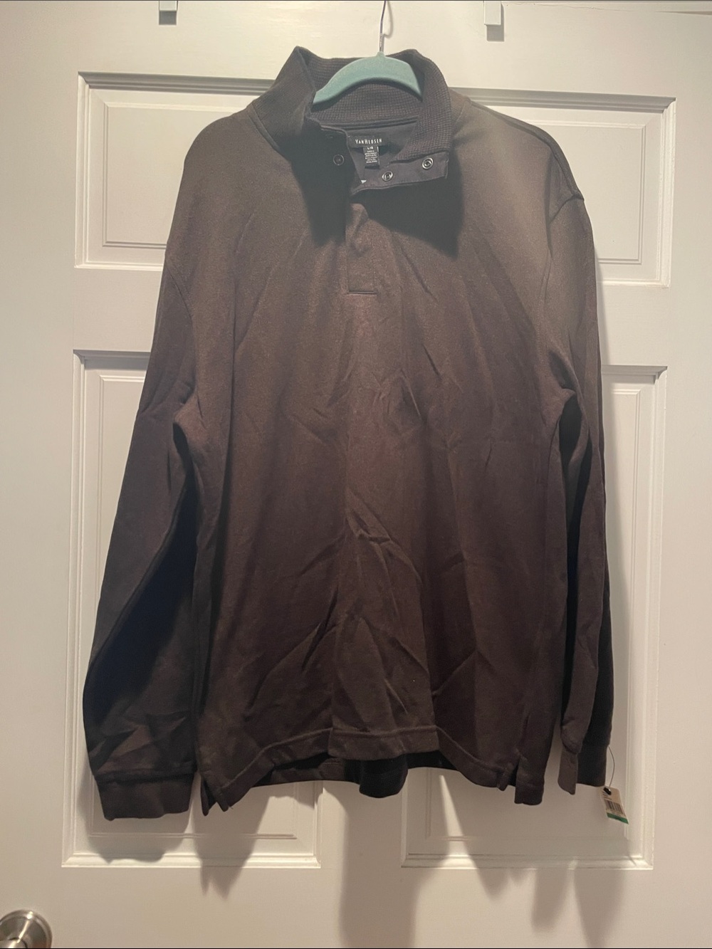 Van Heusen Men's Dark Brown Snap-Front Long Sleeve Pullover Jaspe Polo